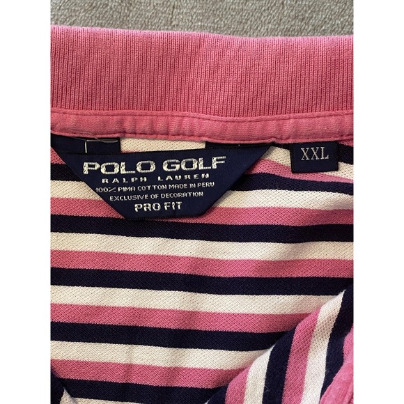 Polo Golf Ralph Lauren Polo Shirt Mens 2XL Pink Navy Stripe Pro Fit Pima Cotton - Picture 7 of 10